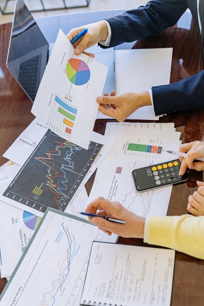 about-03 Business professionals analyzing financial charts and graphs during a meeting.