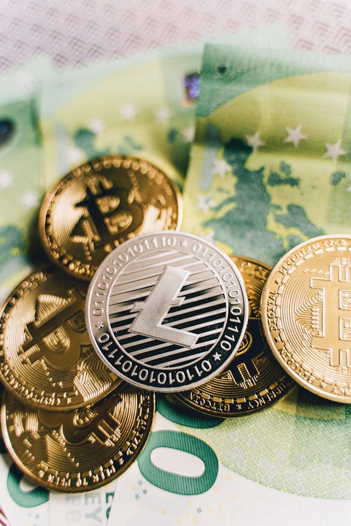 Stack of Bitcoin and Litecoin coins on Euro currency, representing digital and traditional finance.