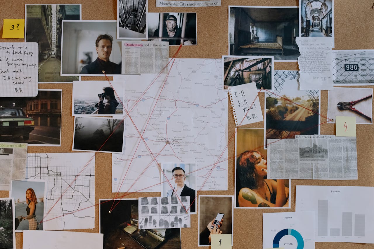 about-02 A detailed crime investigation board filled with photos, maps, and red strings connecting clues and evidence.