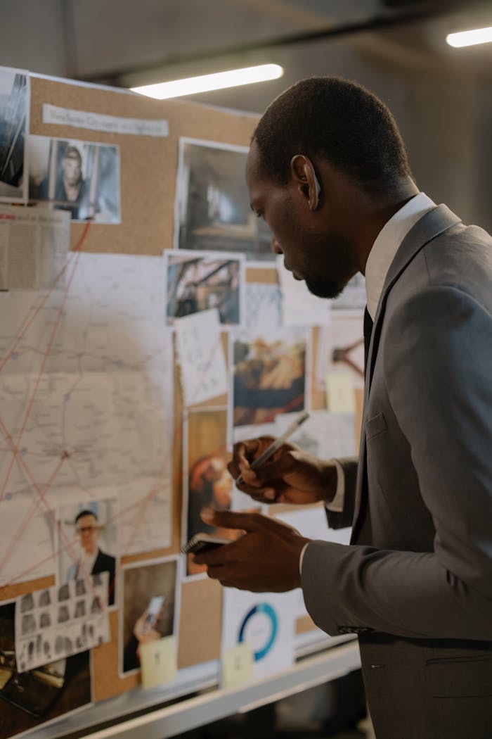 about-03 African American detective analyzing evidence board for crime investigation indoors.